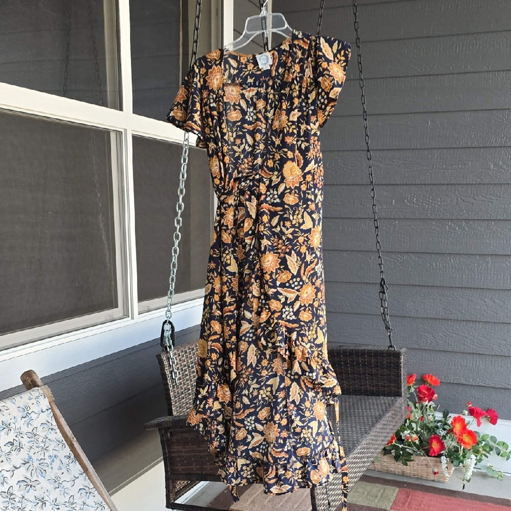 Blue Rain Asymmetrical Floral Dress - Black and Gold